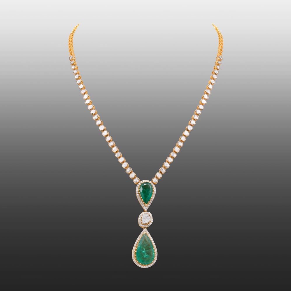 Claw-Set Emerald and Diamond Pendant Necklace
